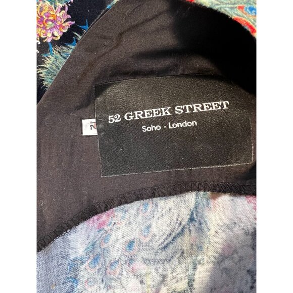 52 Greek Street Dress Women's 12 Black Faux Wrap Floral 100% Cotton Belted Midi - Picture 7 of 10